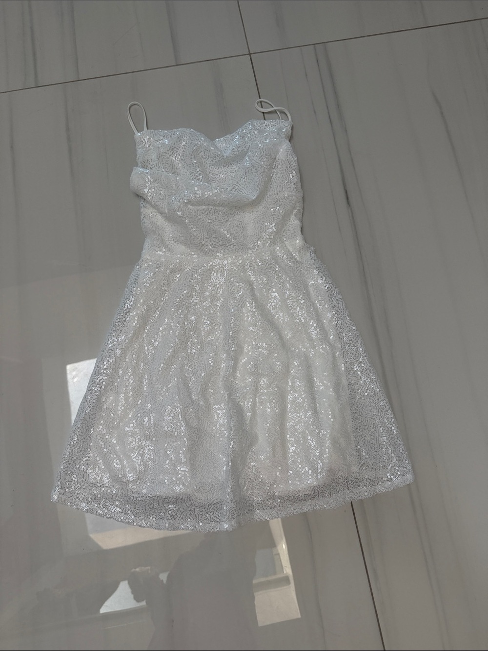 Ladies White Sequin Party Dress with Spaghetti Straps
